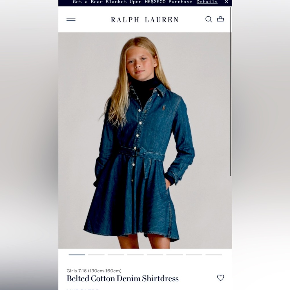 Ralph Lauren Girls' Belted Cotton Denim Shirtdress - Blue